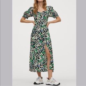 H&M Floral Midi Dress with Puff Sleeves and Side Slit Size Medium